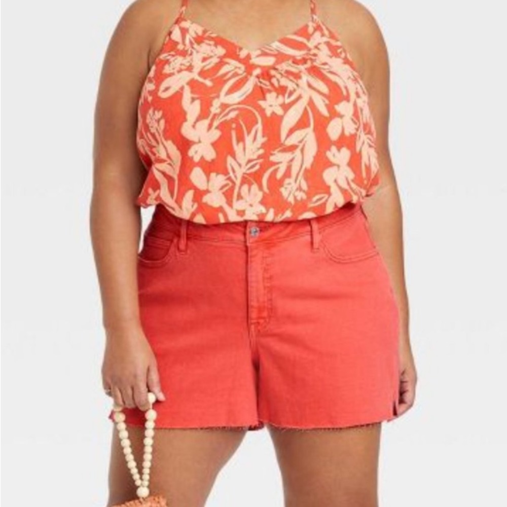 NWT Plus Size High-Rise Stretch Denim Jean Shorts Ava & Viv Orange Raw hem Sz24